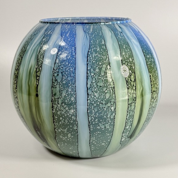 Unmarked Other - Vintage Art Glass, Hand Blown Rose Bowl Vase, Blue Green Watercolor‎ 7"